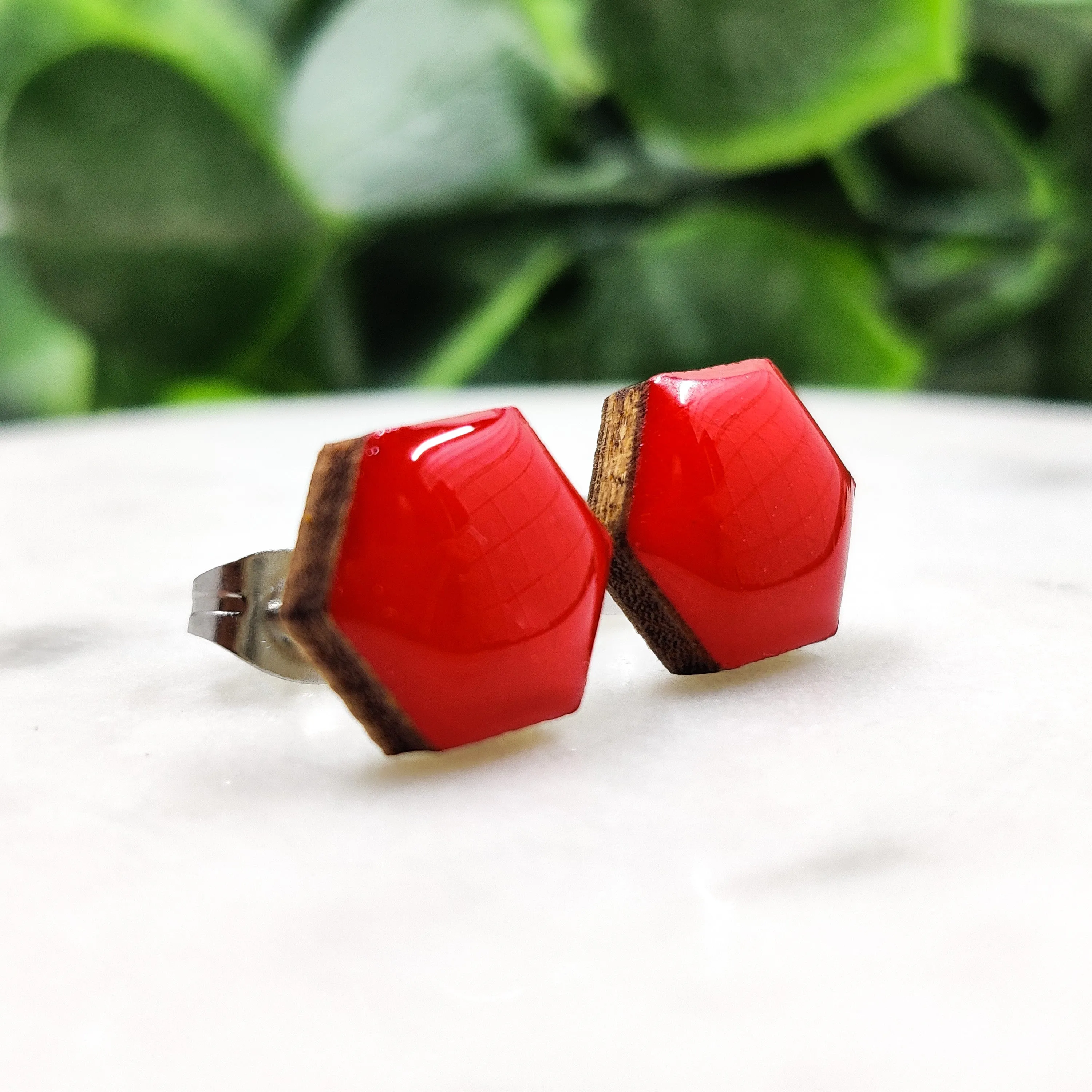 Lipstick Red Hexagon Stud Earrings by Candi Cove Designs