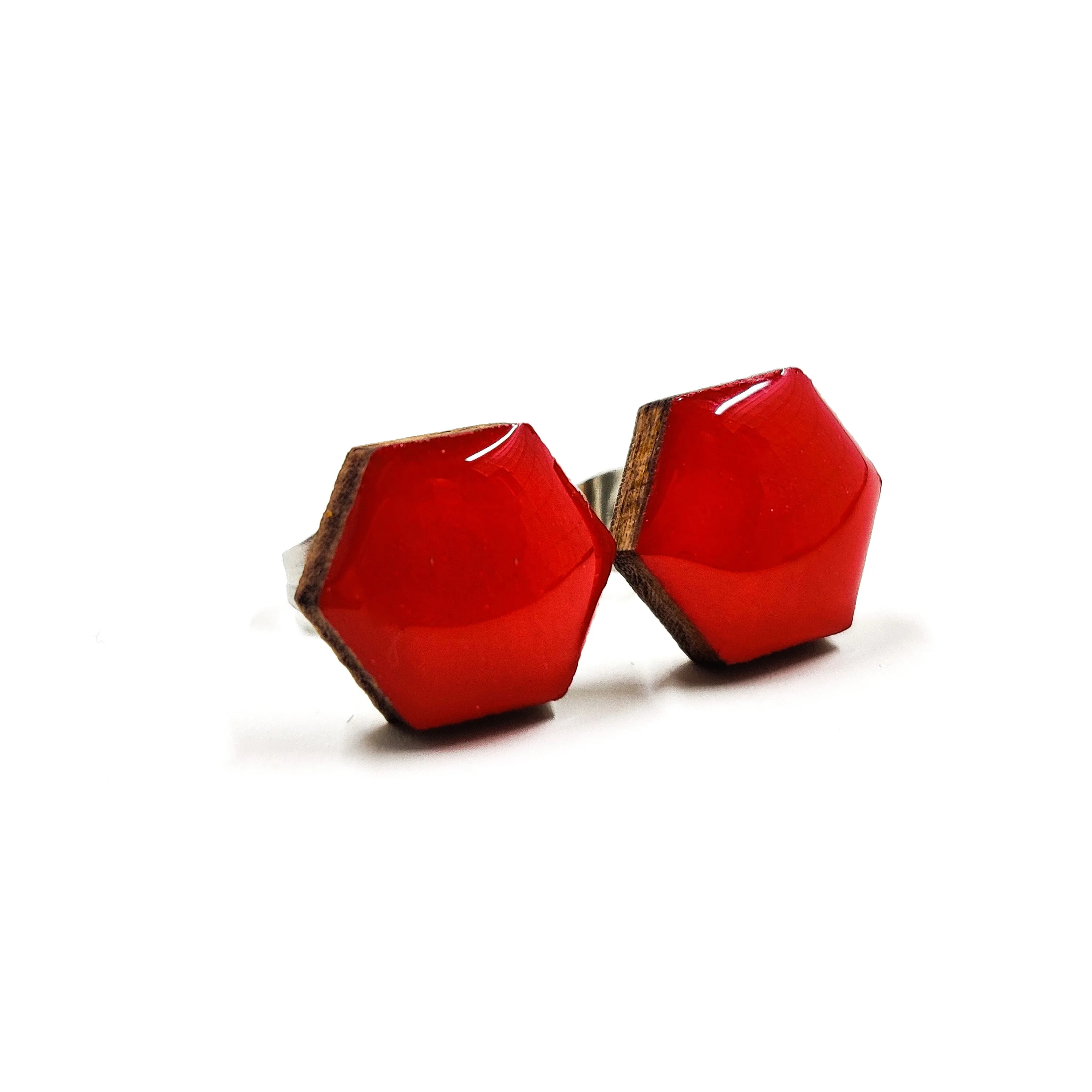 Lipstick Red Hexagon Stud Earrings by Candi Cove Designs