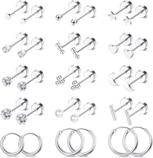 LOLIAS Small Hypoallergenic Flat Back Stud Earrings for Women Men 14K Gold Plated Surgical Stainless Steel Earring Sets Tiny Screw Back Cartilage Earring