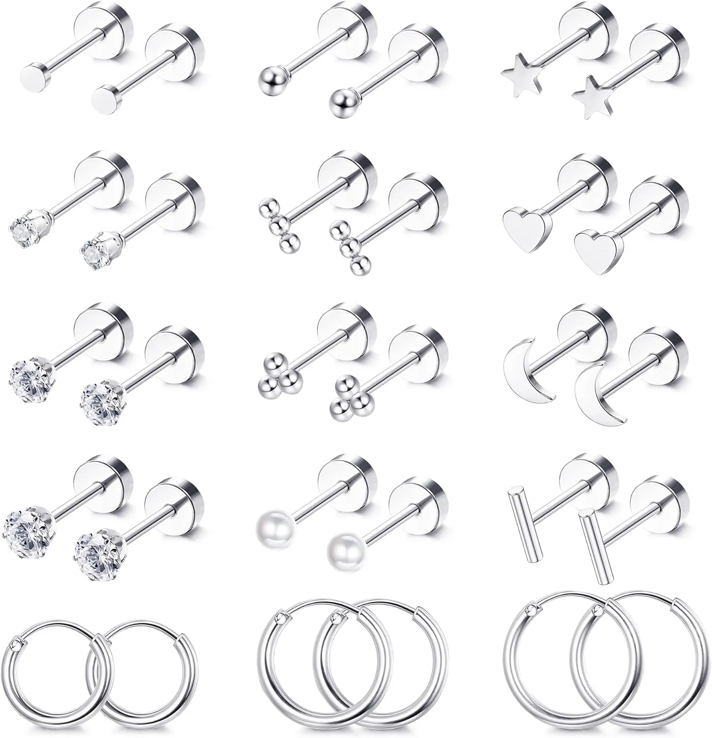 LOLIAS Small Hypoallergenic Flat Back Stud Earrings for Women Men 14K Gold Plated Surgical Stainless Steel Earring Sets Tiny Screw Back Cartilage Earring