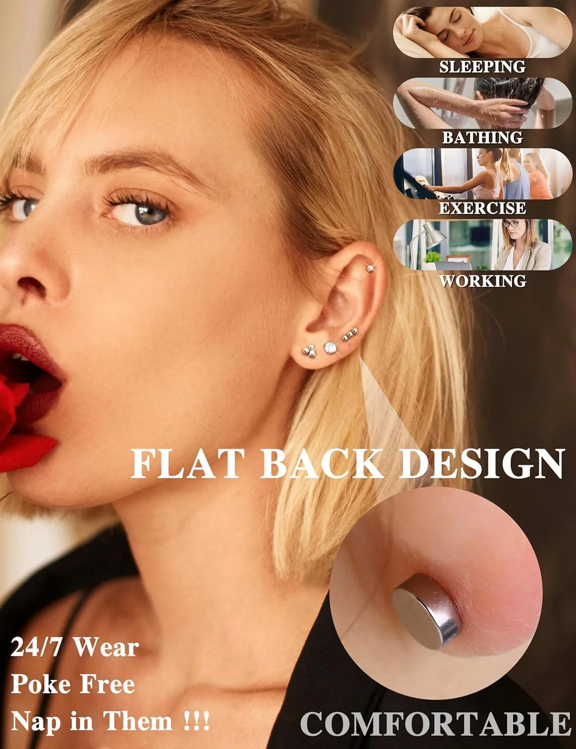 LOLIAS Small Hypoallergenic Flat Back Stud Earrings for Women Men 14K Gold Plated Surgical Stainless Steel Earring Sets Tiny Screw Back Cartilage Earring