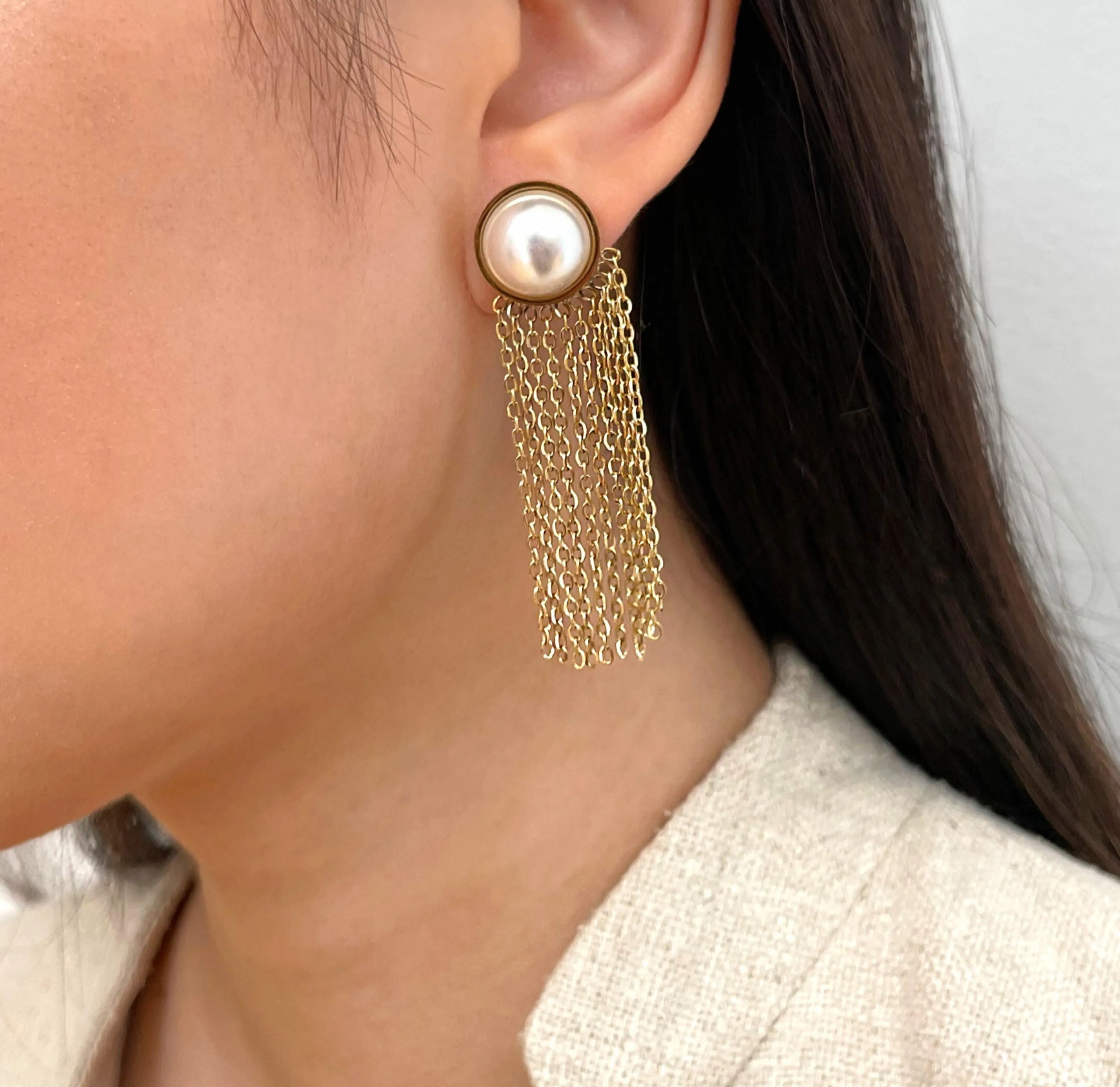 LOLITA GOLD PEARL TASSEL CHAIN EARRINGS