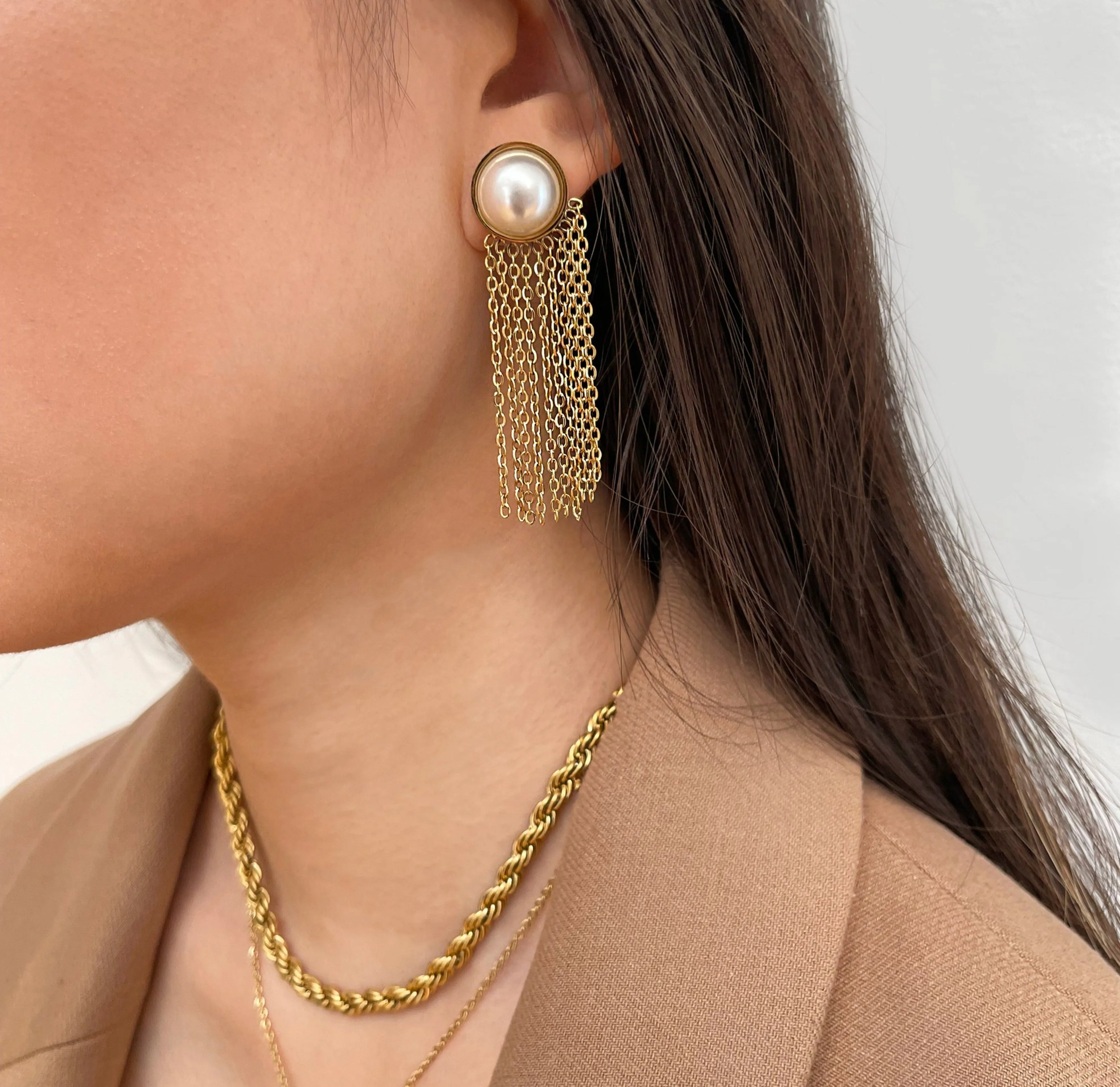 LOLITA GOLD PEARL TASSEL CHAIN EARRINGS