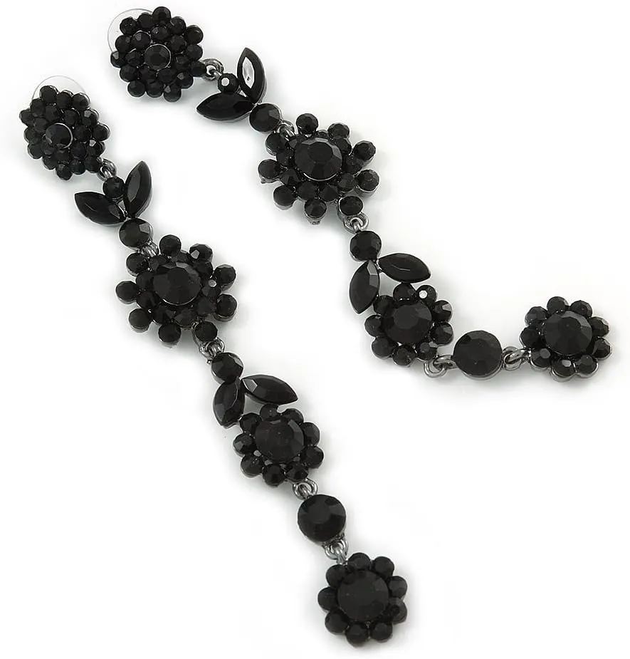 Long Black Crystal Floral Chandelier Earrings In Gun Tone Metal - 11cm L