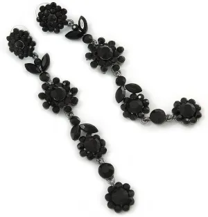 Long Black Crystal Floral Chandelier Earrings In Gun Tone Metal - 11cm L