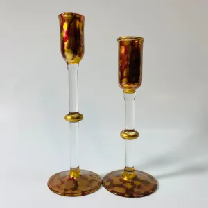 Long Stem Blown Glass Candle Holder - Tulip Gold & Red