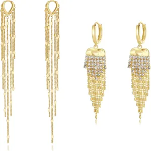 Long Tassel Earrings for Women, 18K Gold Plated Dangle Drop Chain Earrings, Statement Gold Fringe Earrings, Elegant Sparkly Hanging Earrings for Prom Bridal