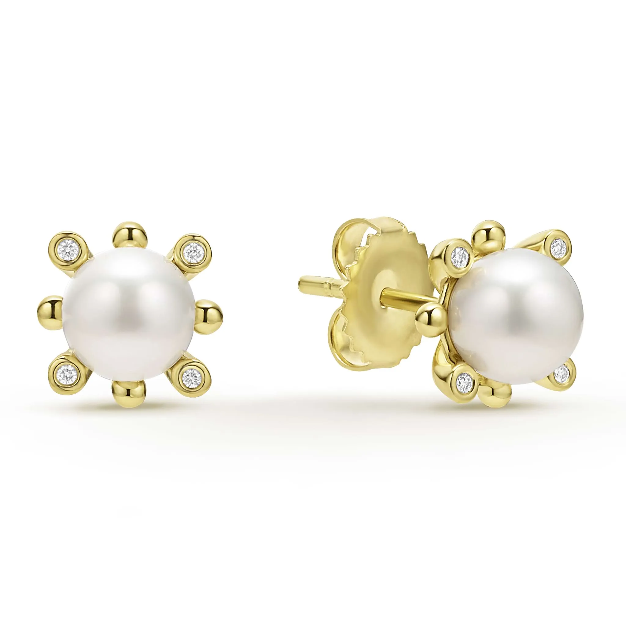 Luna 18K Gold Fleur Pearl Diamond Stud Earrings