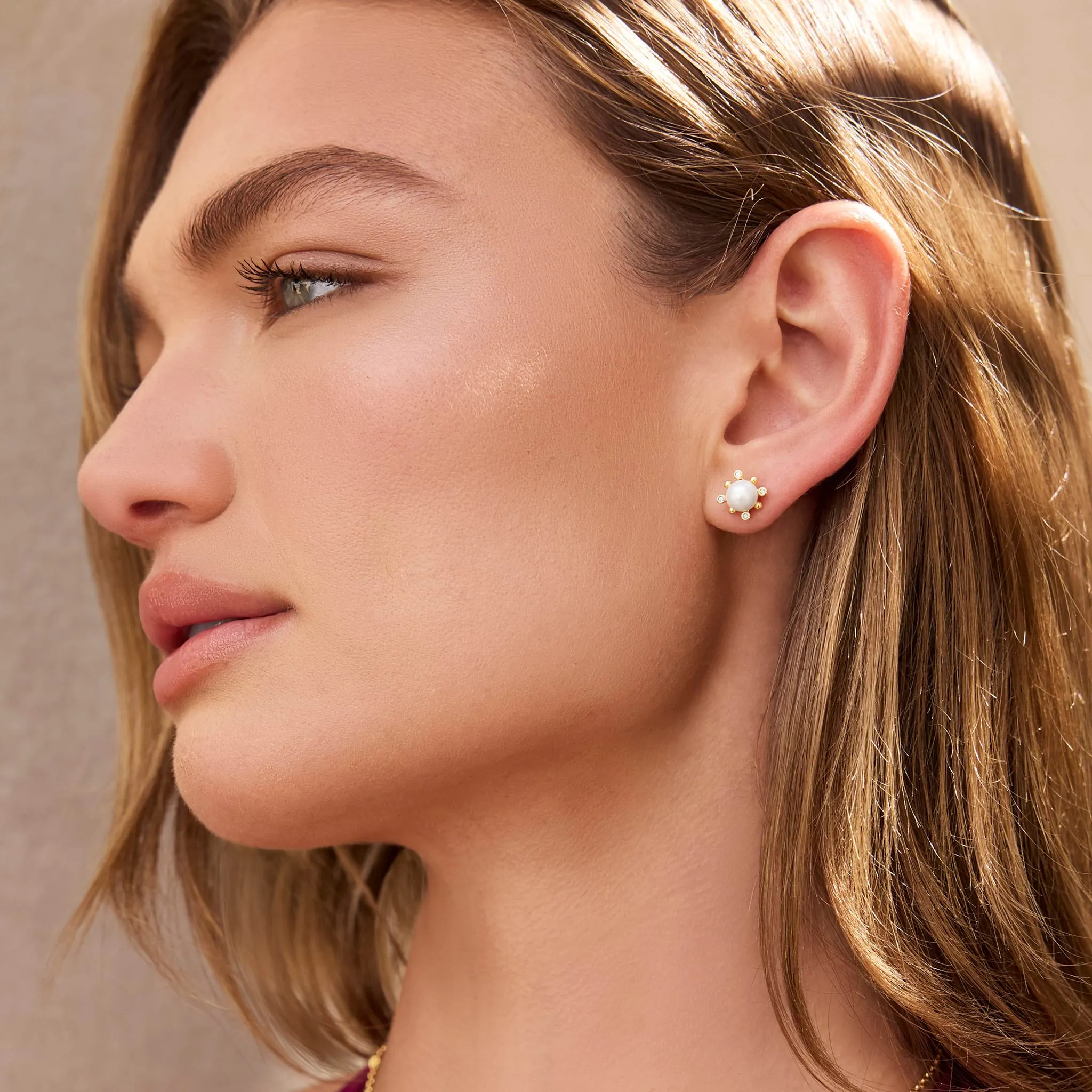 Luna 18K Gold Fleur Pearl Diamond Stud Earrings