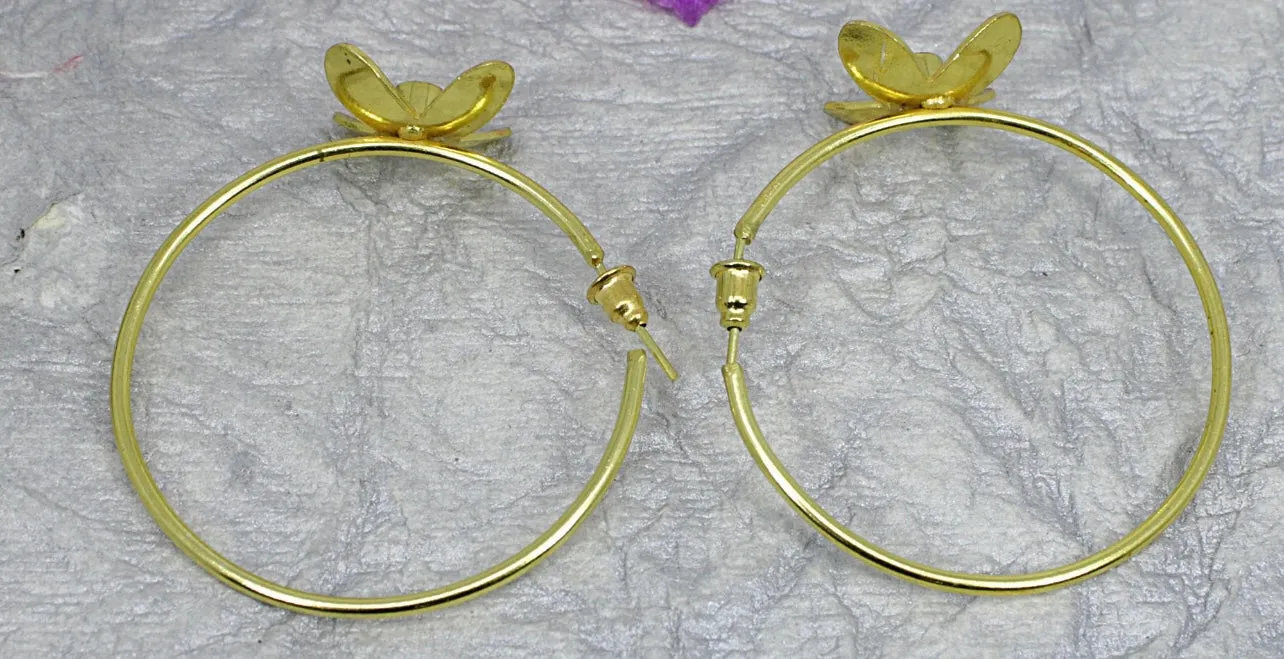 Mandarin Garnet Gemstone Flower Gold-Filled Hoop Earrings 2”