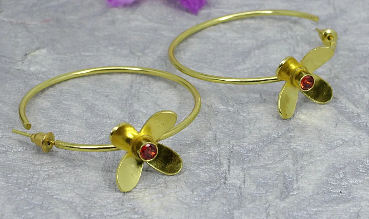 Mandarin Garnet Gemstone Flower Gold-Filled Hoop Earrings 2”