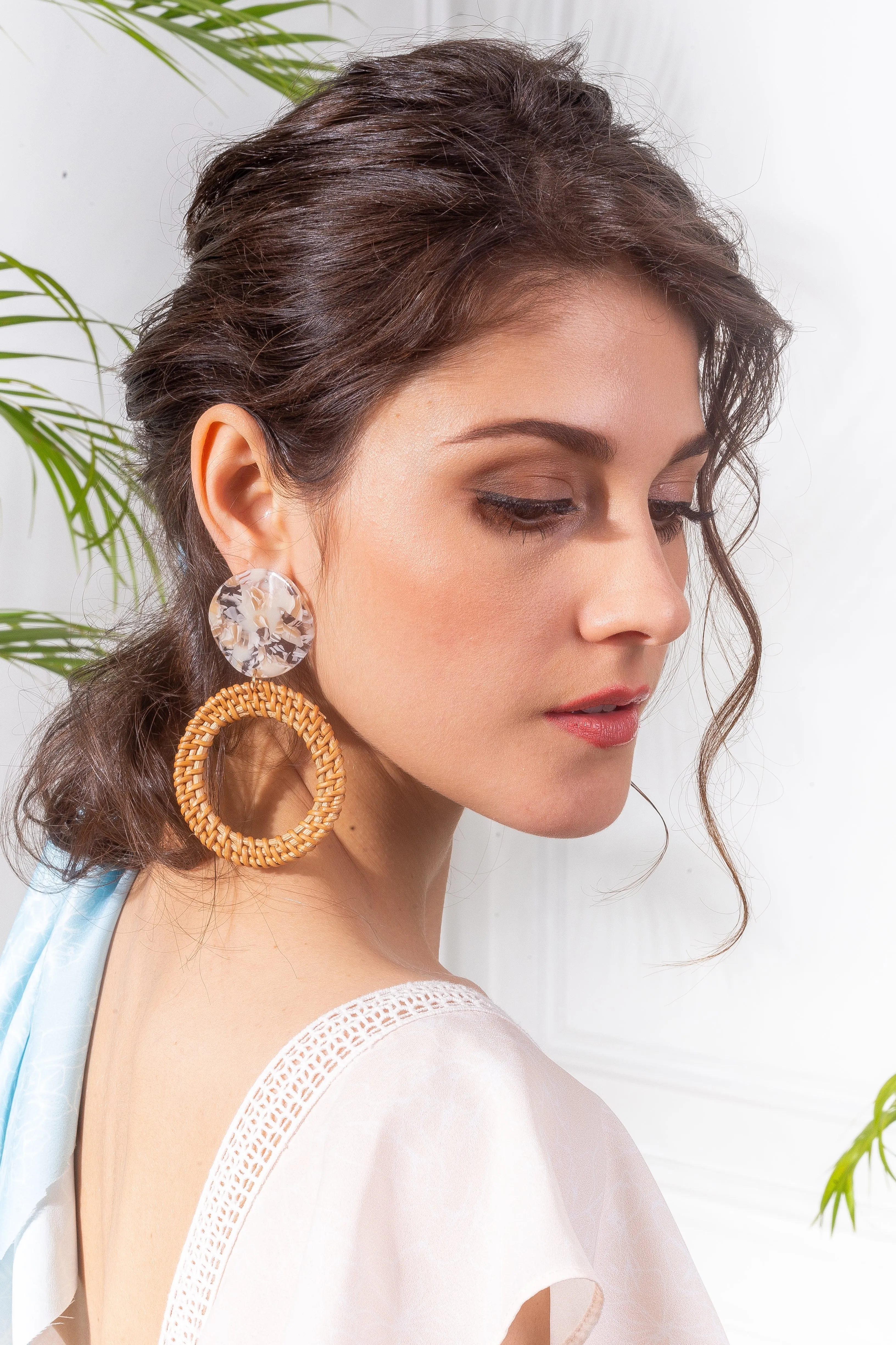 Marbled Resin Open Circle Rattan Earrings