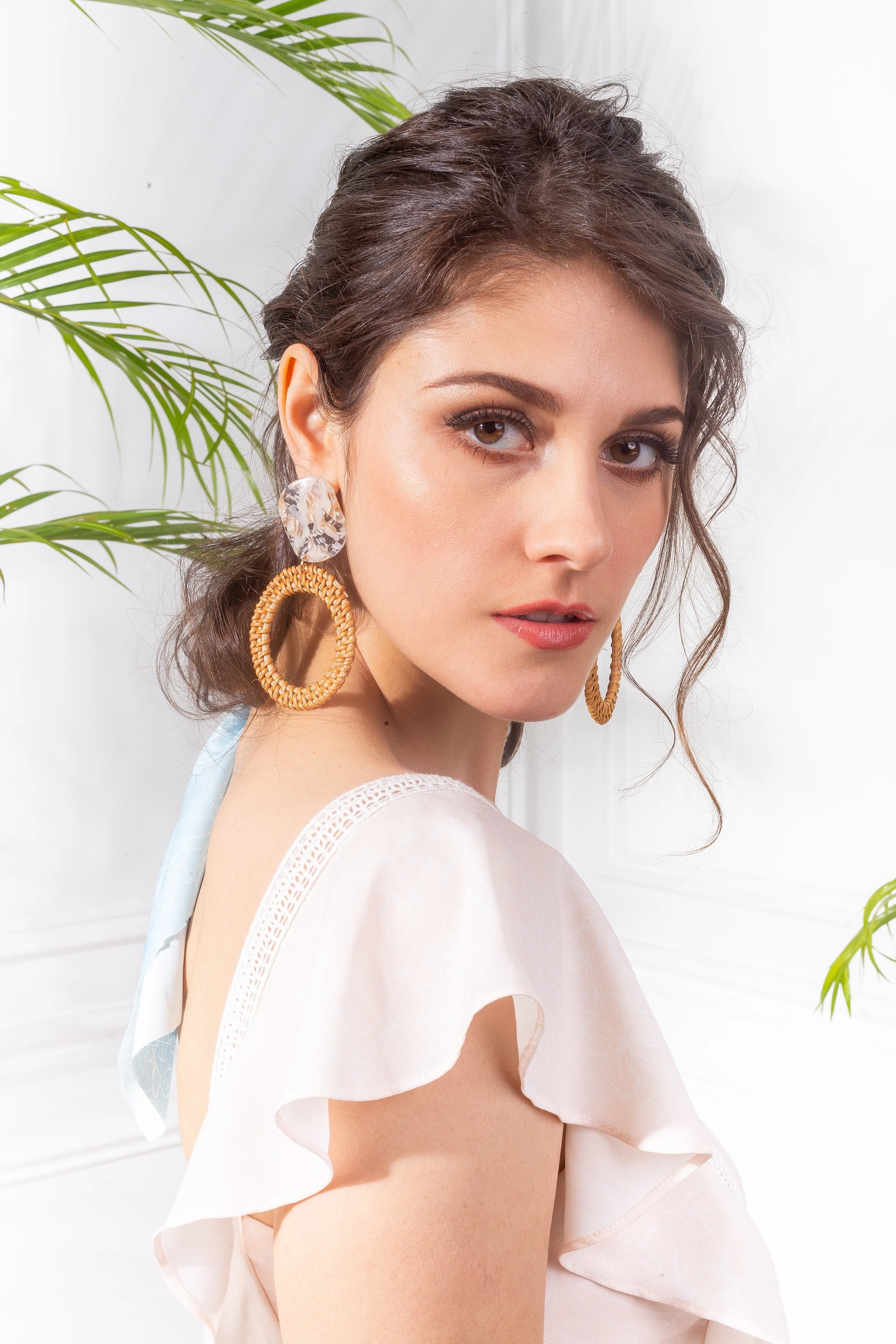 Marbled Resin Open Circle Rattan Earrings
