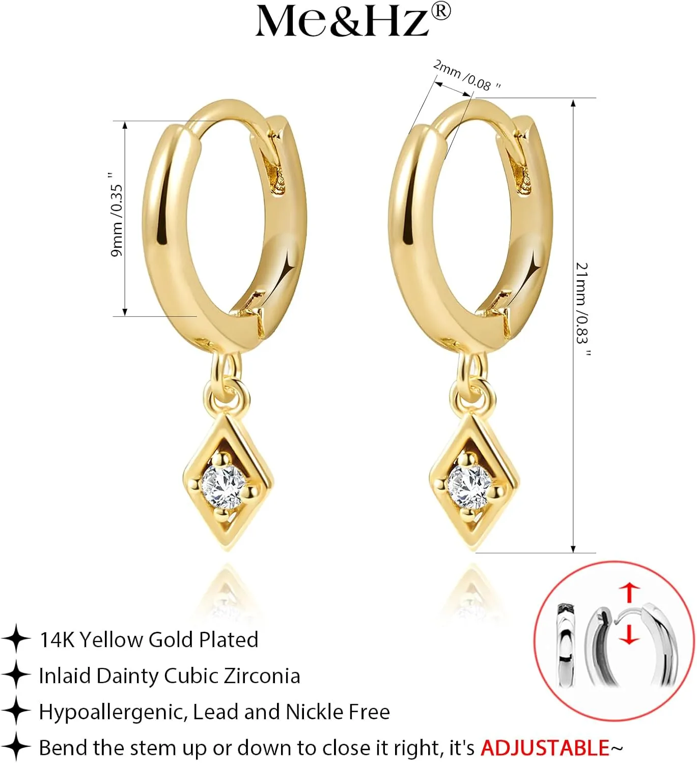 Me&Hz 14K Gold Plated Huggie Hoop Earrings for Women Statement Dainty Gold Filled Cubic Zirconia Dangle Earrings Lightweight Minimalist Aesthetic Drop Earrings for Women Trendy Jewelry Gifts
