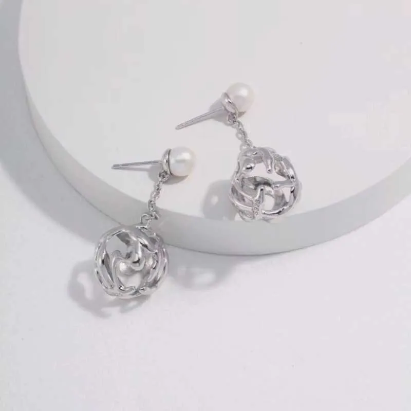 Metal Ball Cultured Freshwater Pearl Sterling Silver Earrings