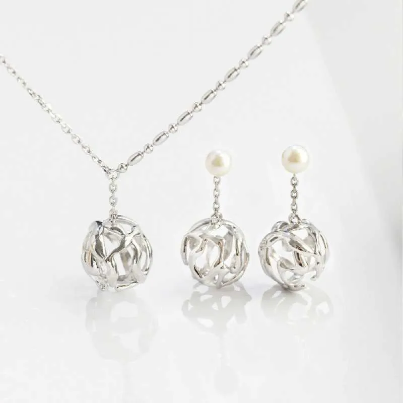 Metal Ball Cultured Freshwater Pearl Sterling Silver Earrings