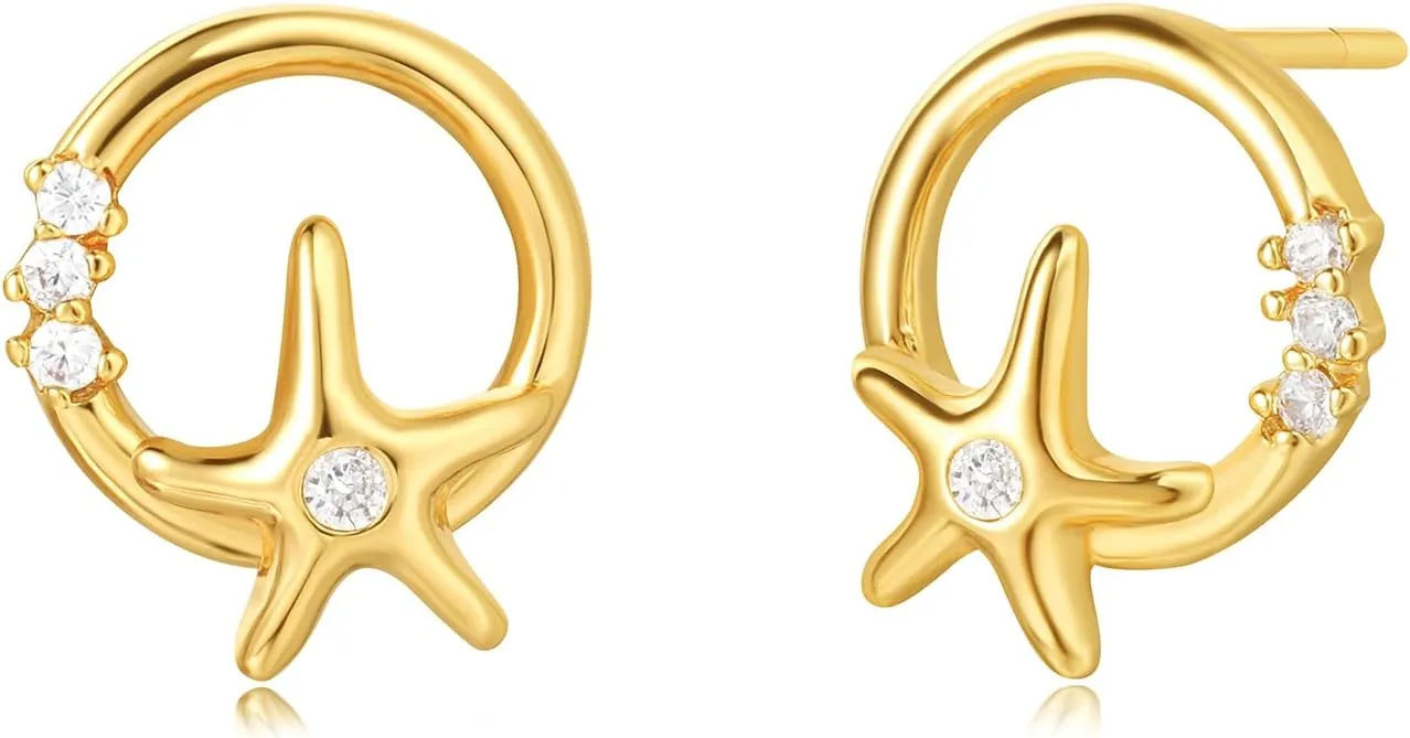 MEVECCO Gold Stud Earrings for Women 18K Gold Plated Dainty Circle Starfish Stud Earrings Drop Simple Minimalist Stud Earrings Jewelry for Her