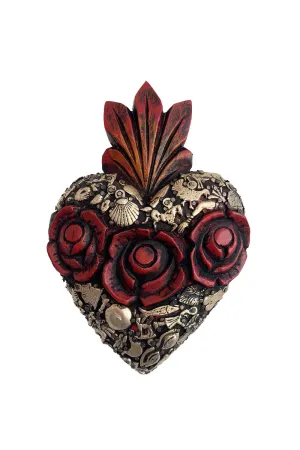 MEXICAN WOODEN HEART WITH CARVED ROSES & MILAGROS