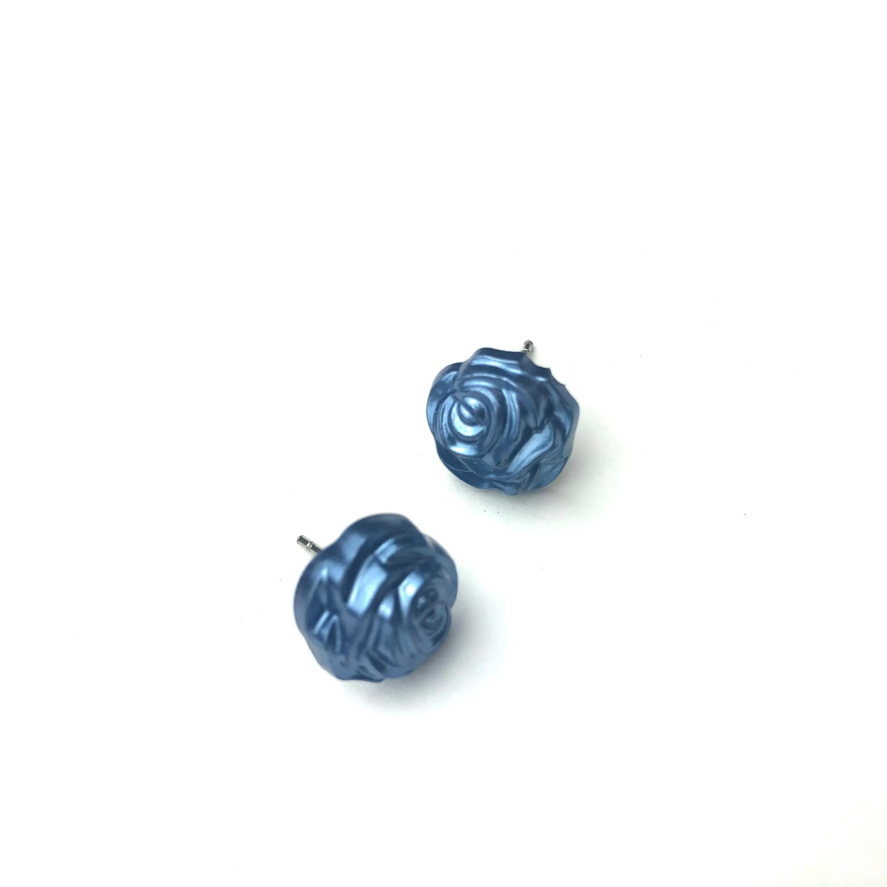 Midnight Blue Pearl Rose Button Stud Earrings