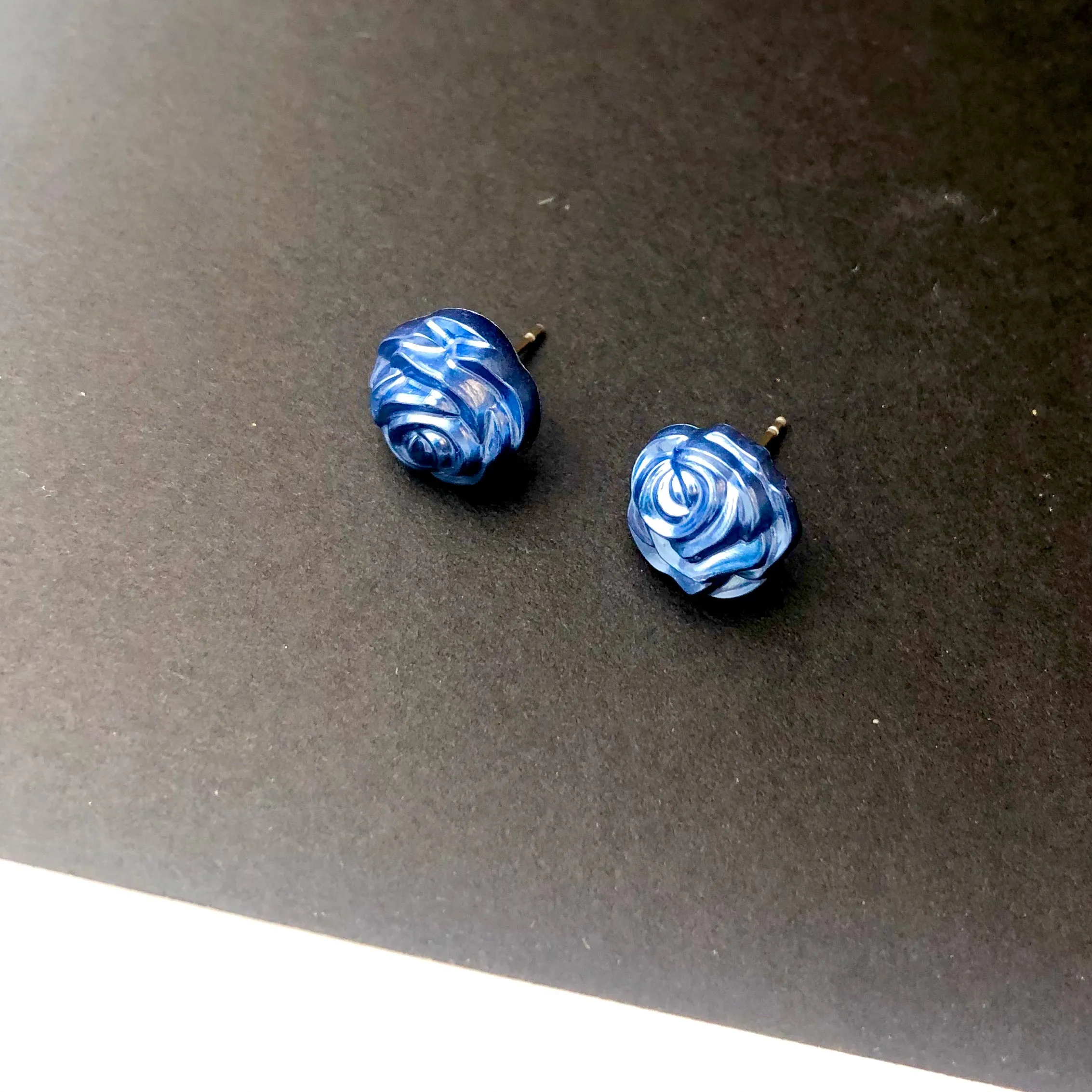 Midnight Blue Pearl Rose Button Stud Earrings