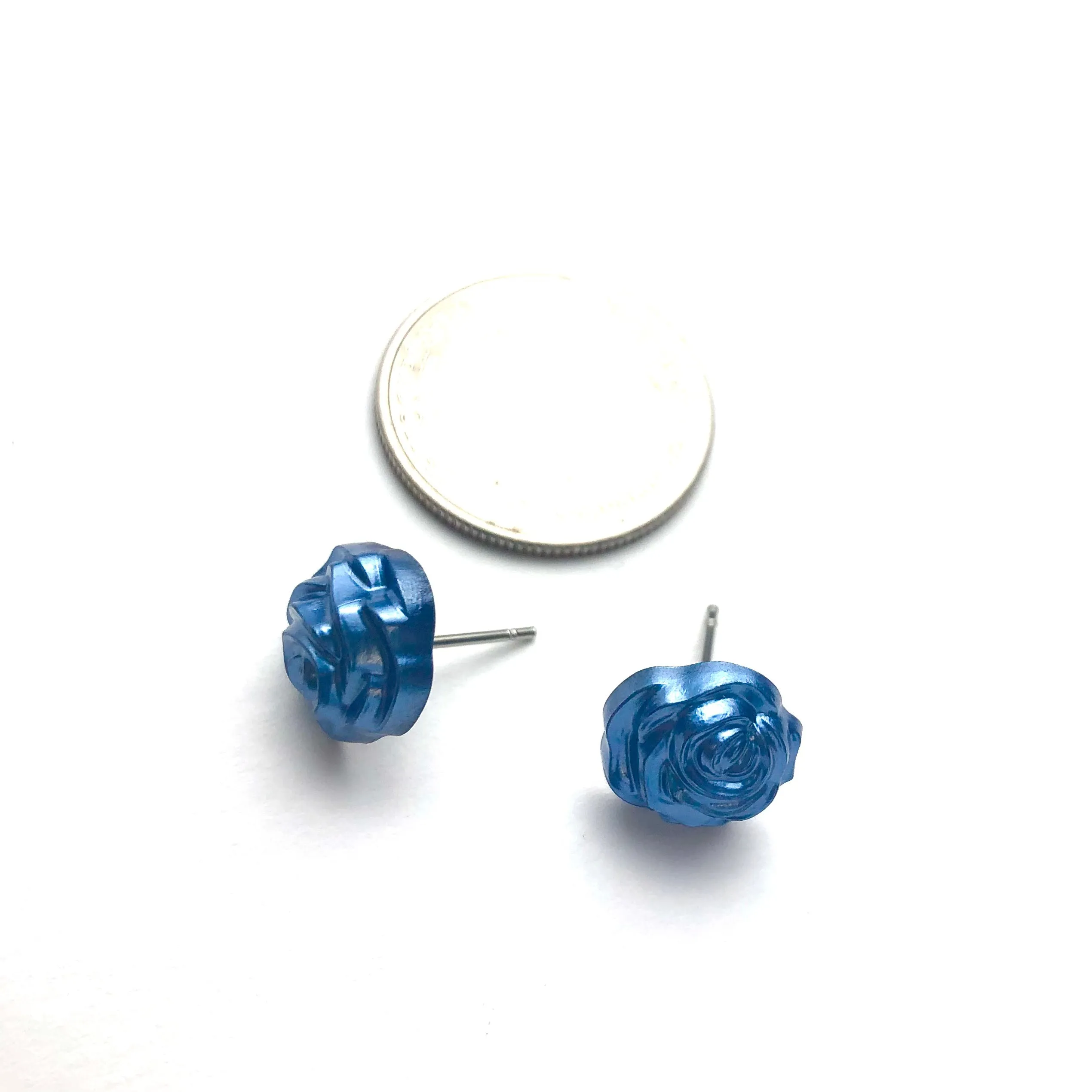 Midnight Blue Pearl Rose Button Stud Earrings