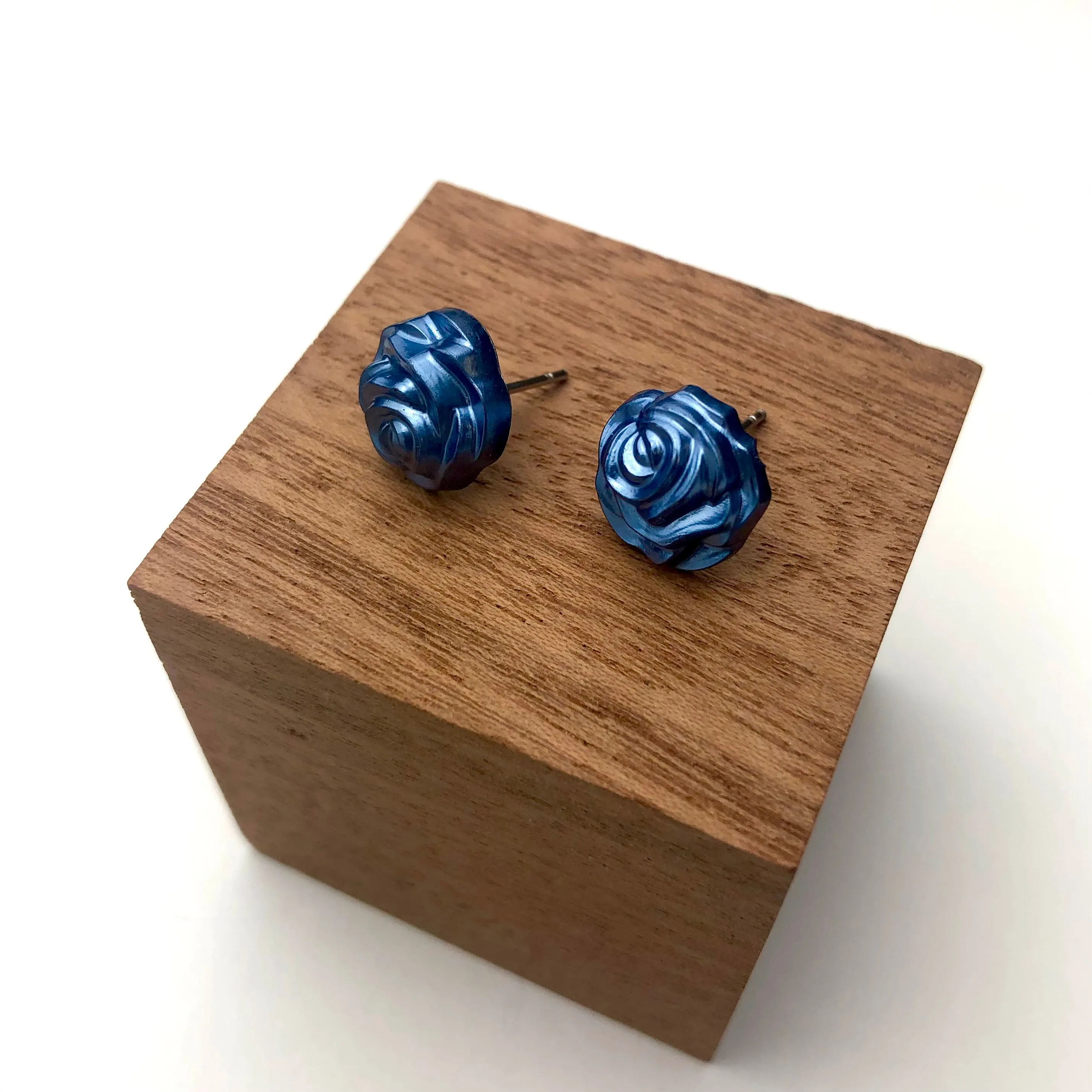 Midnight Blue Pearl Rose Button Stud Earrings