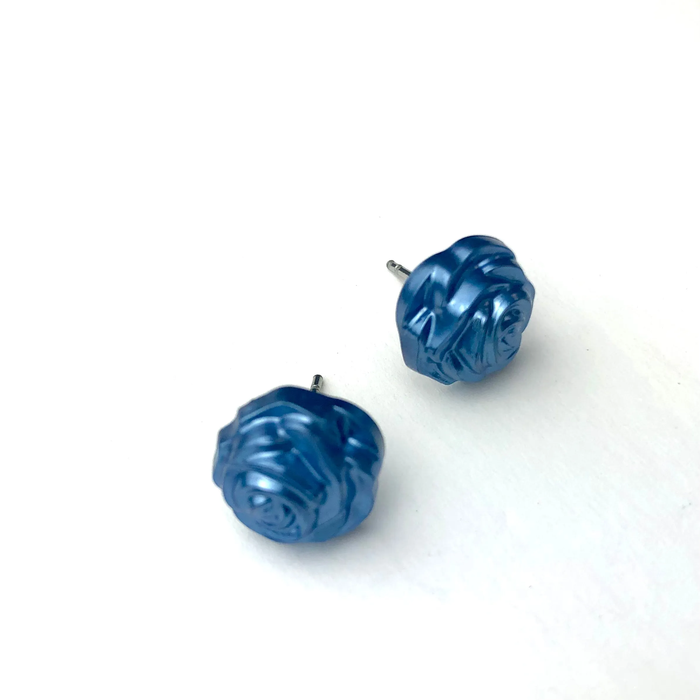 Midnight Blue Pearl Rose Button Stud Earrings