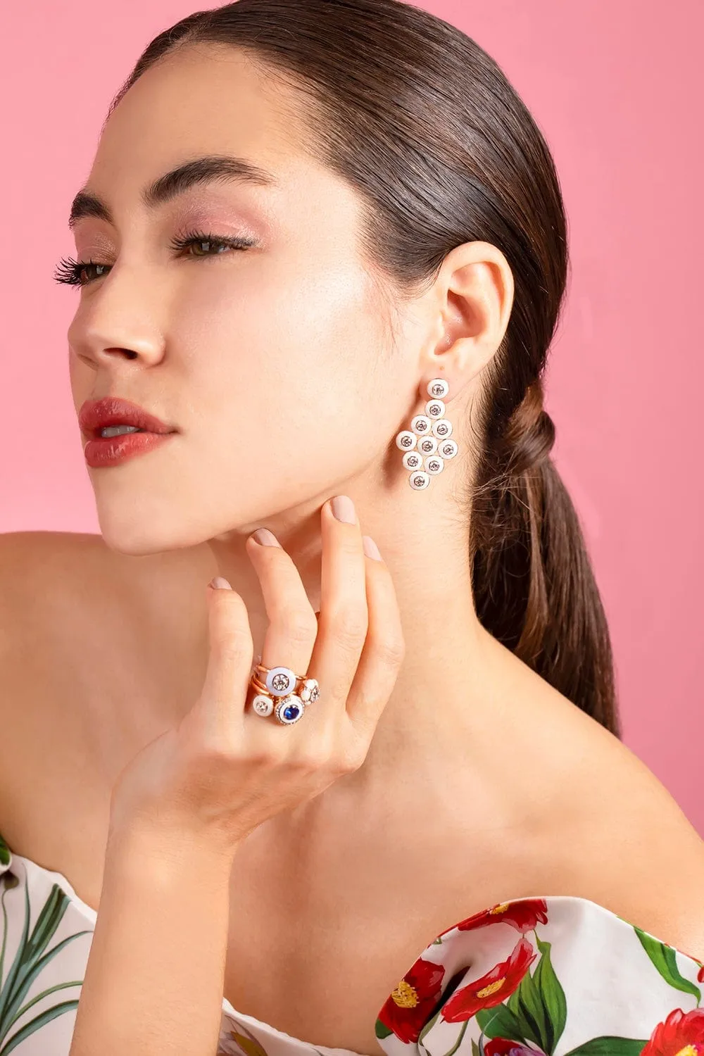 Mina Diamond and Ivory Enamel Earrings