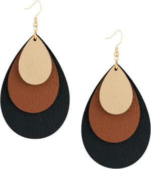 MINACHI Boho Chic Faux Leather Triple Layer Teardrop Waterdrop Dangle Drop Earrings, Vintage Bohemian Hippie Statement Jewelry Gift for Women