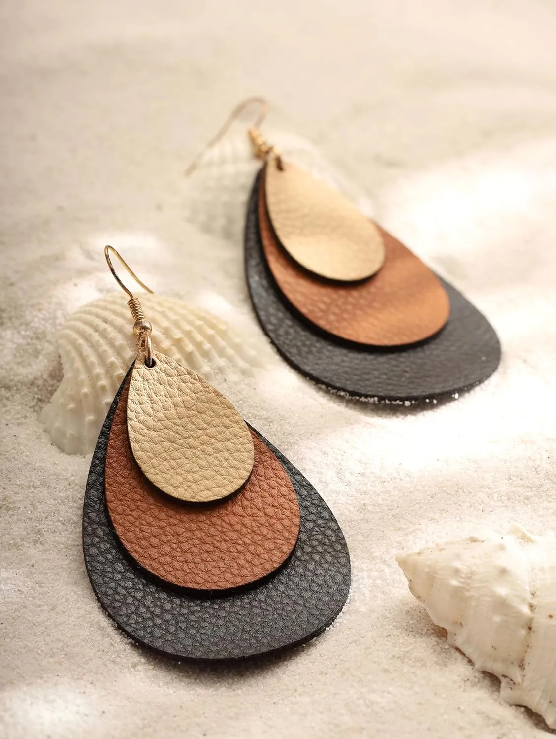 MINACHI Boho Chic Faux Leather Triple Layer Teardrop Waterdrop Dangle Drop Earrings, Vintage Bohemian Hippie Statement Jewelry Gift for Women