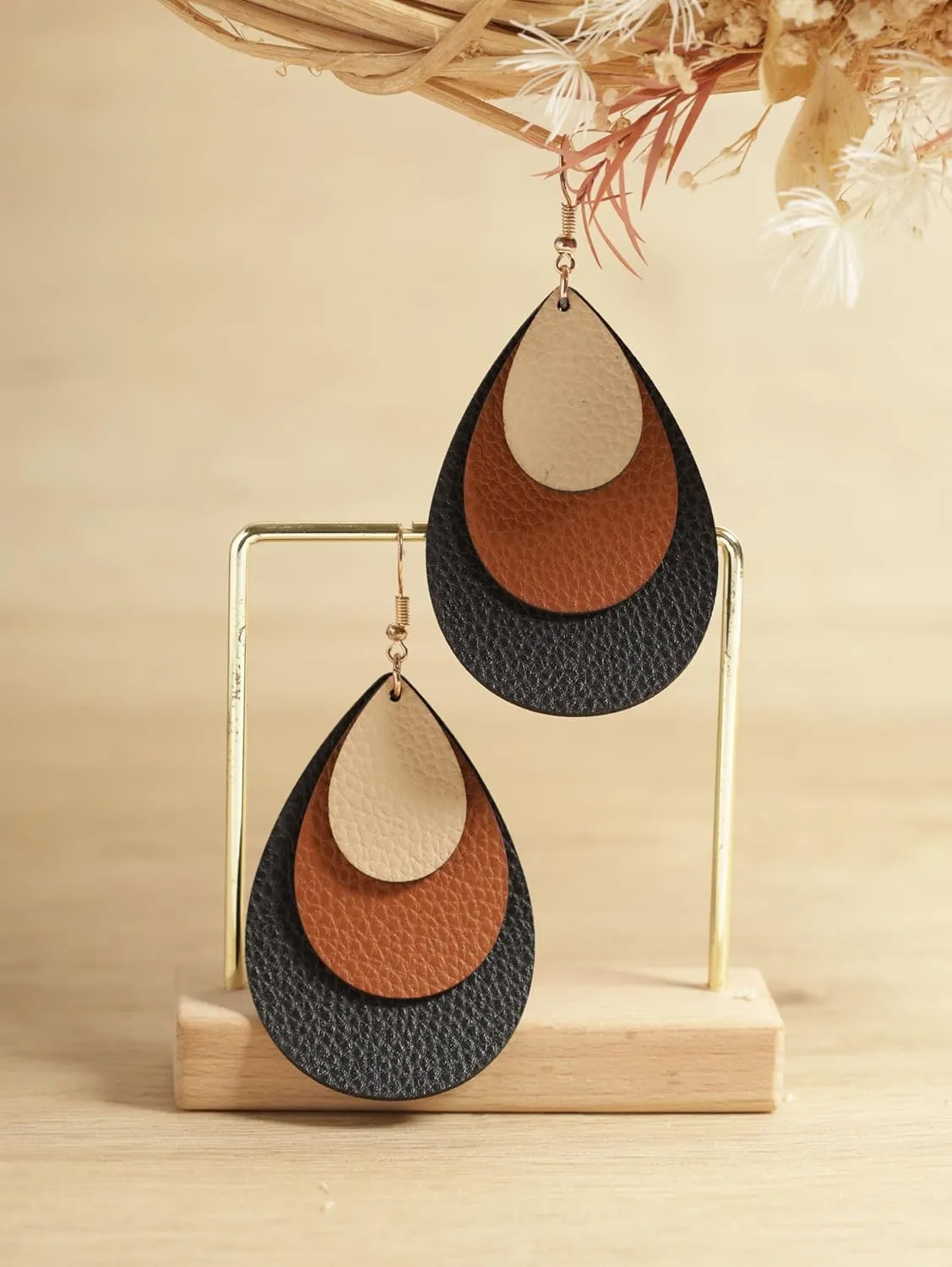 MINACHI Boho Chic Faux Leather Triple Layer Teardrop Waterdrop Dangle Drop Earrings, Vintage Bohemian Hippie Statement Jewelry Gift for Women