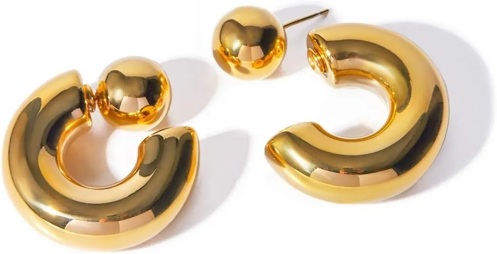 Minimalist Geometric C-Shaped Earrings Series -18K Gold Steel Color Stainless Steel Glossy Earrings with Zirconia Large/Small Gold Temperament Earrings for Women, Lightweight Non Fading