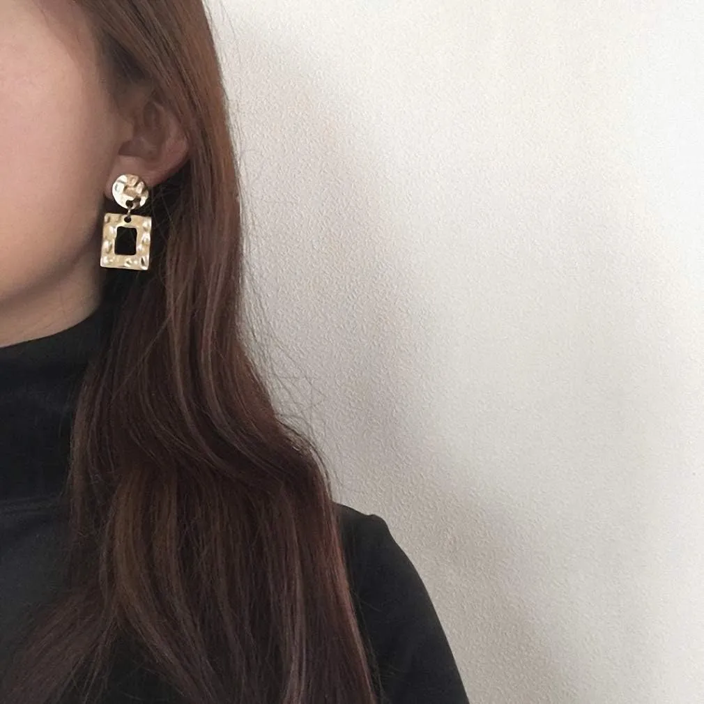 Minimalist Hammered Square Earrings Women Brass Geometric Earrings Statement Dangle Earrings