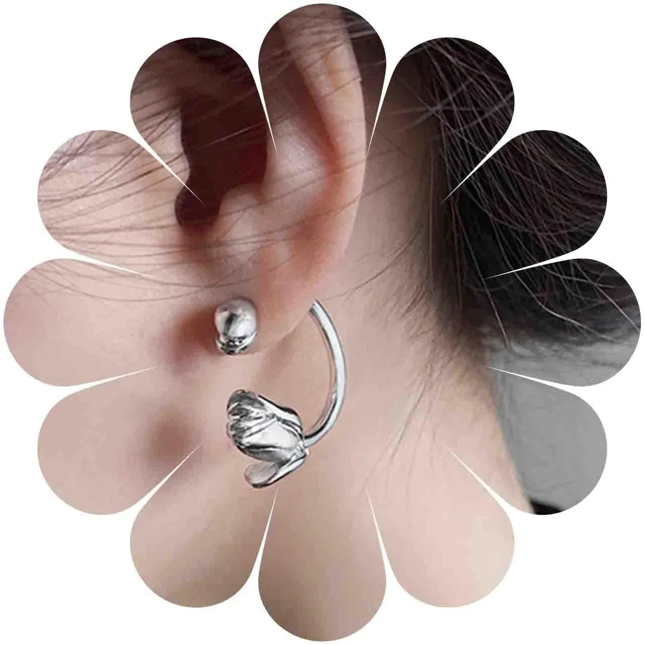 Minimalist Silver Flower Half Hoop Earrings Metal Rose Flower Open Hoop Earrings Tulip Dangle Hoop Earrings Tulip Flower C Shape Earrings Rose Floral Earrings Jewelry for Women