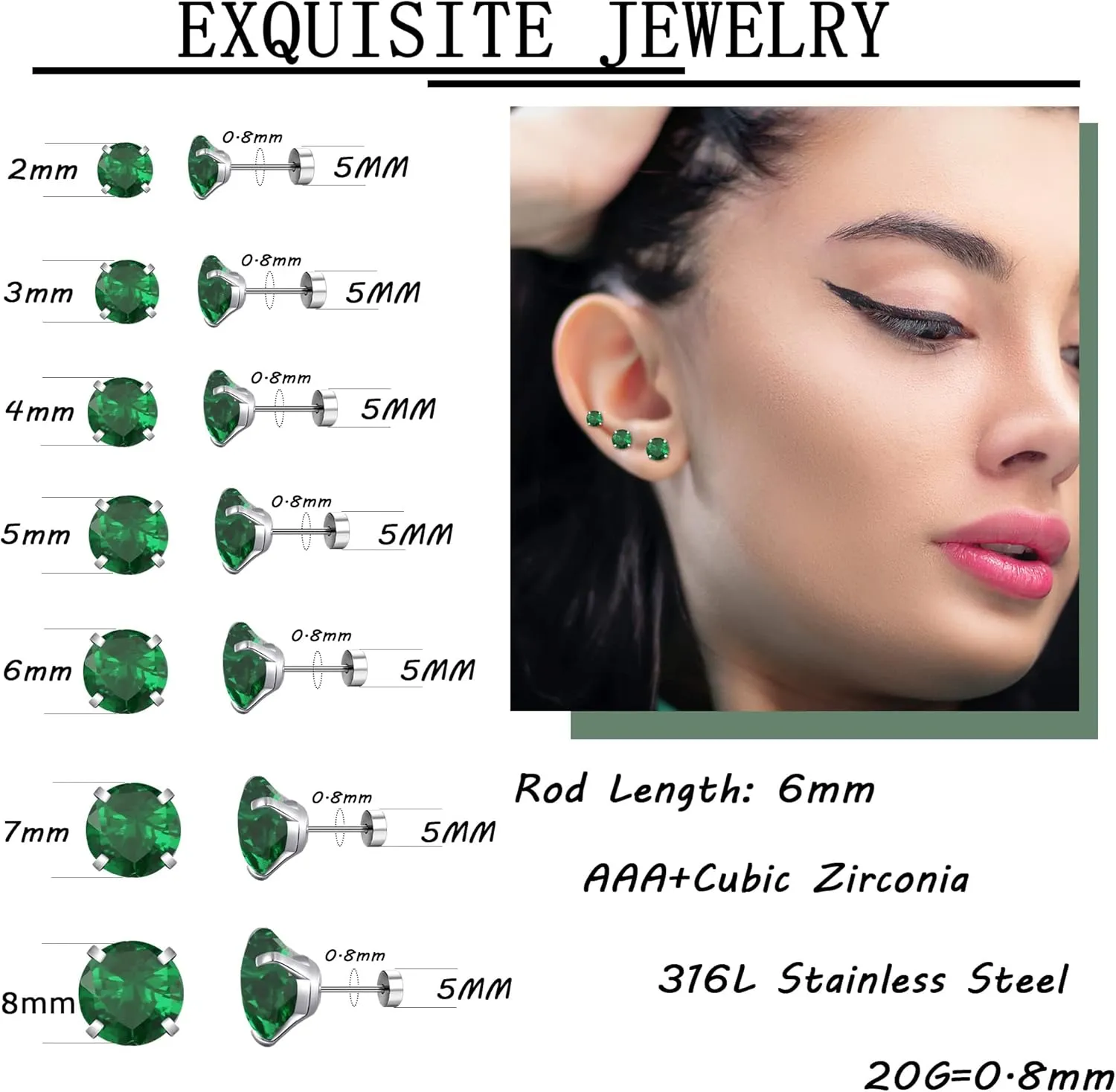 MJust 7 Pairs Stainless Steel Earrings 20G Cartilage Earrings Stud Hypoallergenic Cubic Zirconia Barbell Earring Set Flatback Earrings for Women Men 2MM-8MM