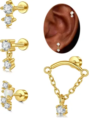 MODRSA Silver Gold Cartilage Earring for Women Hypoallergenic Flat Back Earrings Threadless Helix Earring Tragus Studs 6mm Cartilage Jewelry Flatback Surgical Steel Butterfly Heart Earrings for Women
