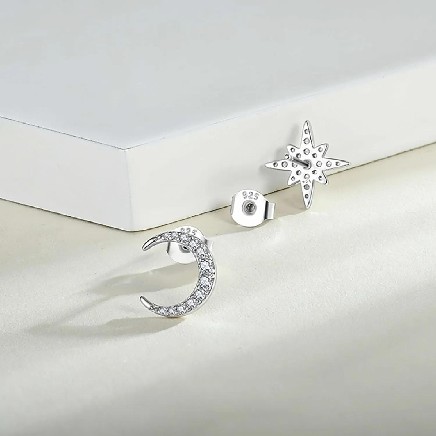 Moon Star Earrings for Women 925 Sterling Silver White/Rose/Yellow Gold Plated Asymmetrical Stud Earrings