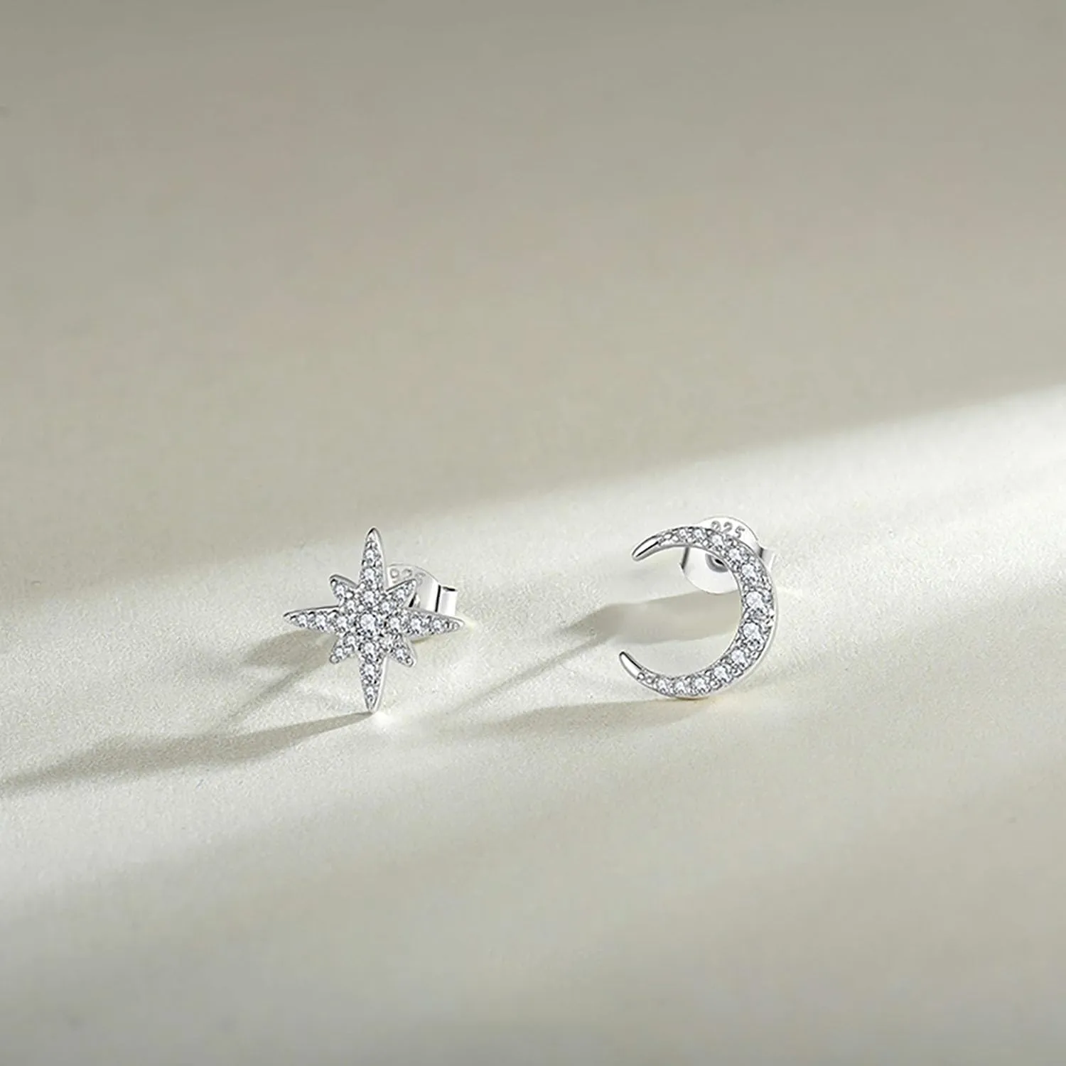 Moon Star Earrings for Women 925 Sterling Silver White/Rose/Yellow Gold Plated Asymmetrical Stud Earrings