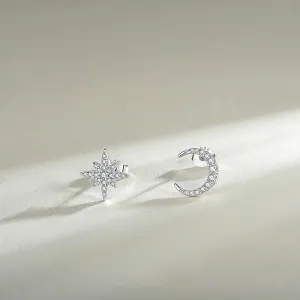 Moon Star Earrings for Women 925 Sterling Silver White/Rose/Yellow Gold Plated Asymmetrical Stud Earrings