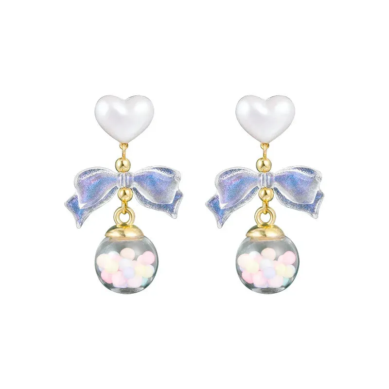 MQTIME -  Lovely Transparent Acrylic Cute Bow Heart Pearl Clip Earrings Macaroon Colored Glass Ball Clip on Earrings for Women