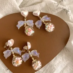 MQTIME -  Lovely Transparent Acrylic Cute Bow Heart Pearl Clip Earrings Macaroon Colored Glass Ball Clip on Earrings for Women