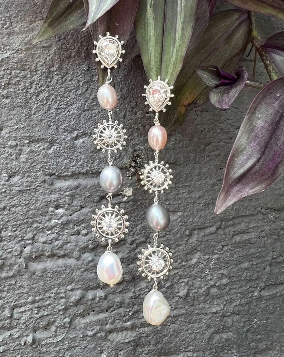 Multi Pearl Drop Earrings In 925 Silver
