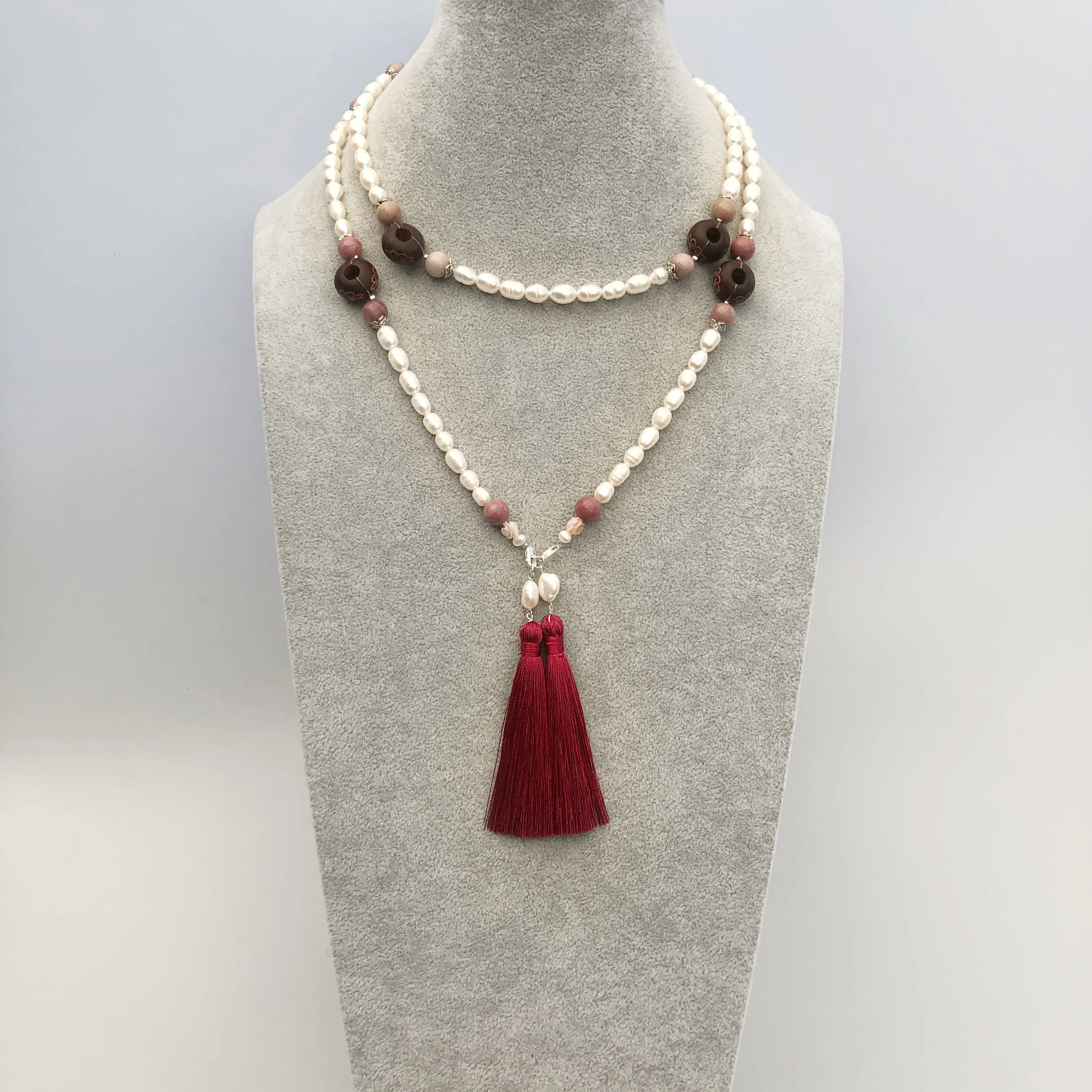 Multi-style Baroque Pearl Lariat Necklace Set with Red Tassels