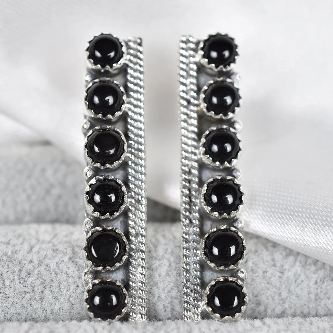 Native American Black Onyx Push Pack Stud Earrings  - 925 Sterling Silver Southwestern Style Earrings