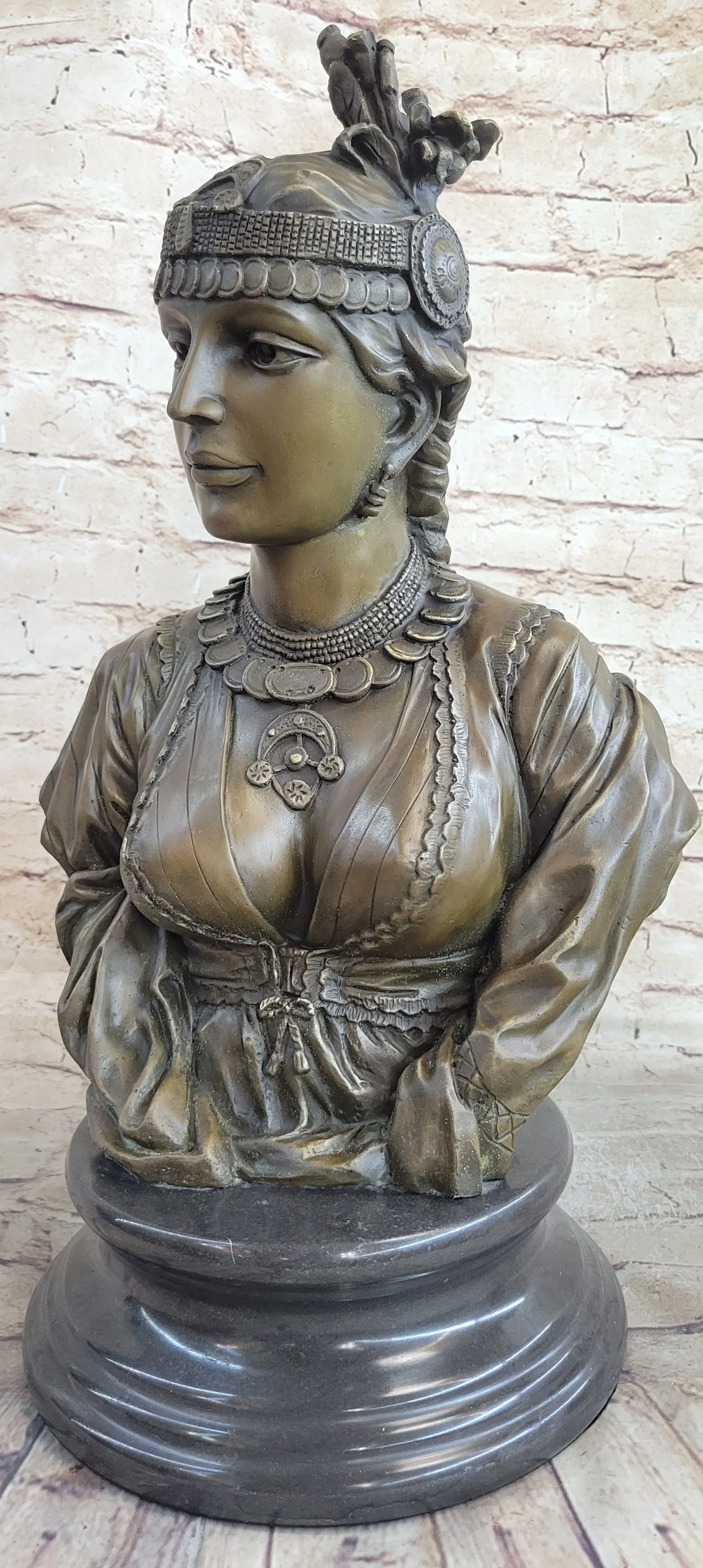 Native American Bust of Woman Pocahontas Bronze Statue Sculpture Figure 19" x 11"