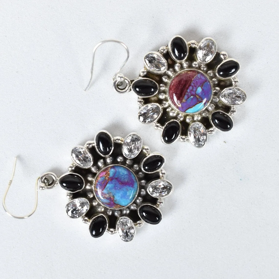 Native American Purple Copper Turquoise, Black Onyx & Cubic Zirconia Cluster Earrings - 925 Sterling Silver Earrings