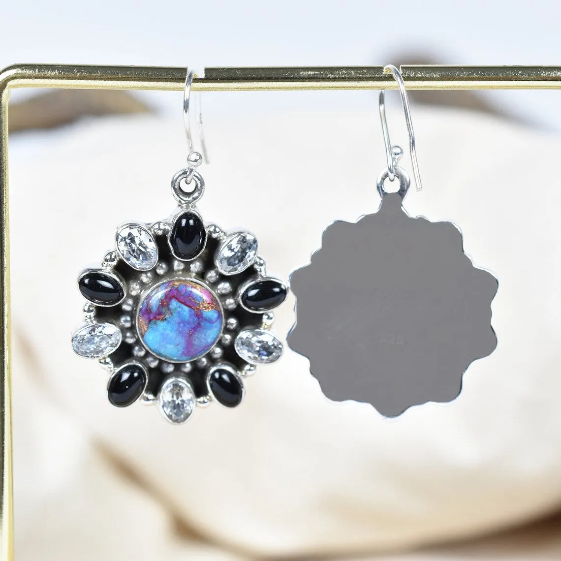 Native American Purple Copper Turquoise, Black Onyx & Cubic Zirconia Cluster Earrings - 925 Sterling Silver Earrings