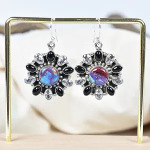 Native American Purple Copper Turquoise, Black Onyx & Cubic Zirconia Cluster Earrings - 925 Sterling Silver Earrings