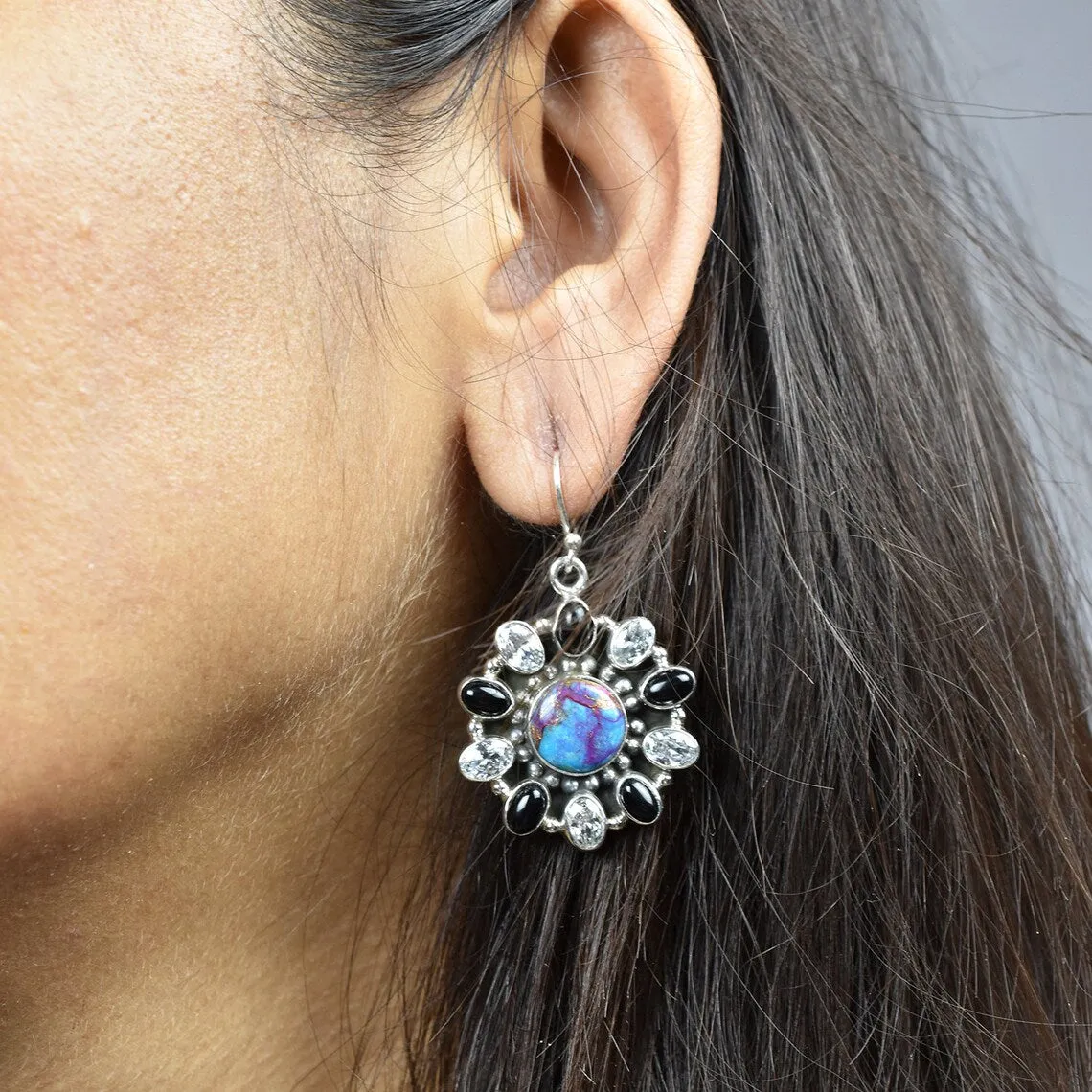 Native American Purple Copper Turquoise, Black Onyx & Cubic Zirconia Cluster Earrings - 925 Sterling Silver Earrings