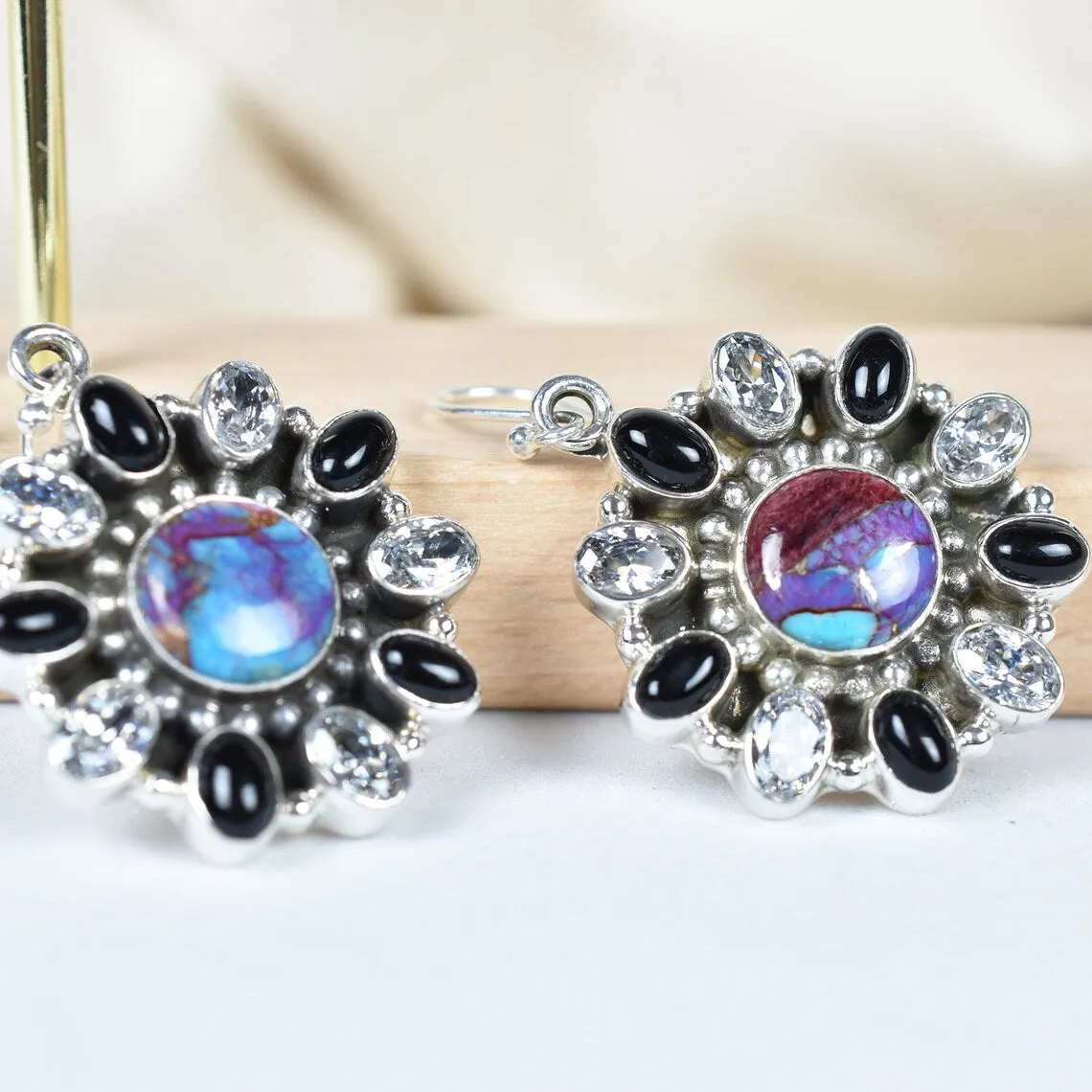 Native American Purple Copper Turquoise, Black Onyx & Cubic Zirconia Cluster Earrings - 925 Sterling Silver Earrings
